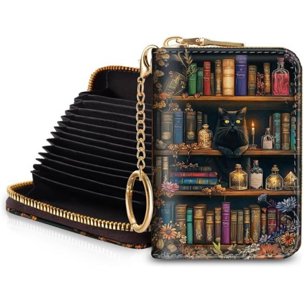 Cute Bookshelf Cat RFID Card Wallet for Women